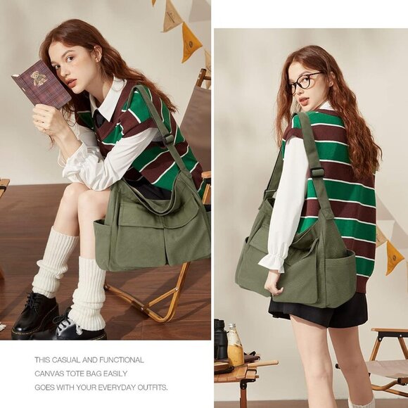 Canvas Messenger Bag Large Capacity Hobo Crossbody Tote for Men Women - Picture 6 of 7